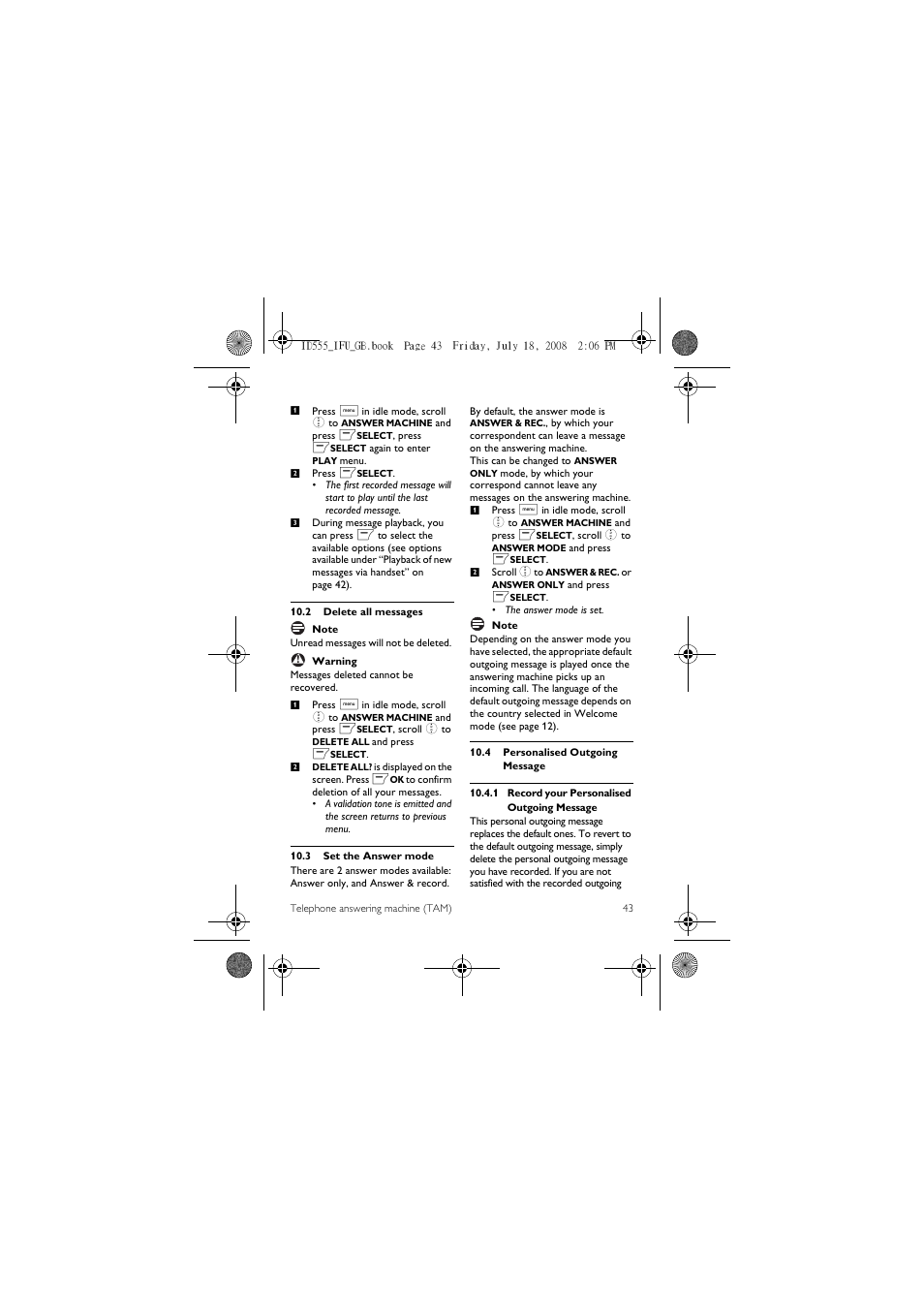 2 delete all messages, 3 set the answer mode, 4 personalised outgoing message | ProForm ID555 User Manual | Page 45 / 56