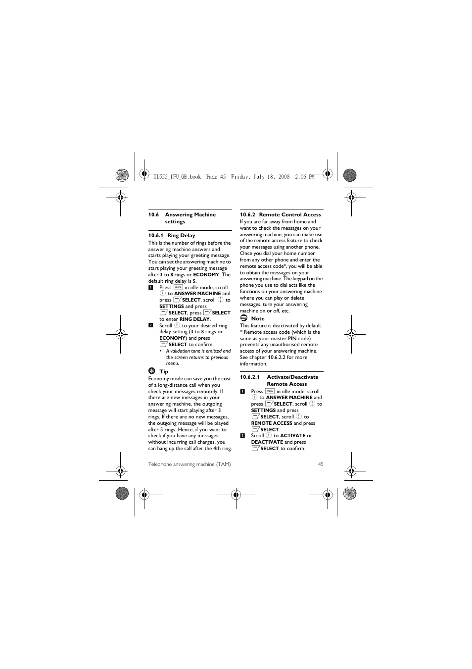 6 answering machine settings | ProForm ID555 User Manual | Page 47 / 56