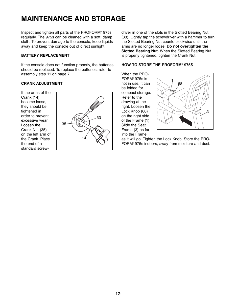 Maintenance and storage | ProForm 975s 831.288281 User Manual | Page 12 / 16