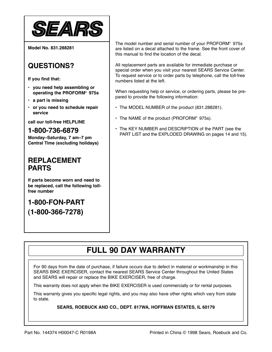 Full 90 day warranty, Questions, Replacement parts | ProForm 975s 831.288281 User Manual | Page 16 / 16