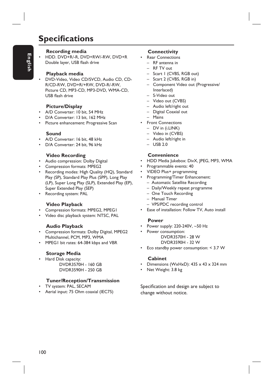 Specifi cations | ProForm DVDR3570H User Manual | Page 100 / 104