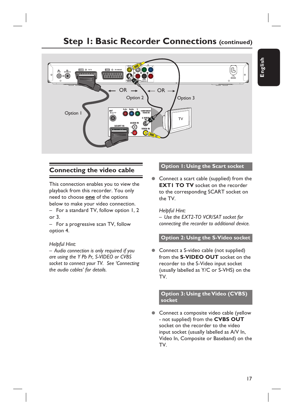 Step 1: basic recorder connections, Connecting the video cable, Continued) | English 17, Option 2 option 1 option 3 | ProForm DVDR3570H User Manual | Page 17 / 104