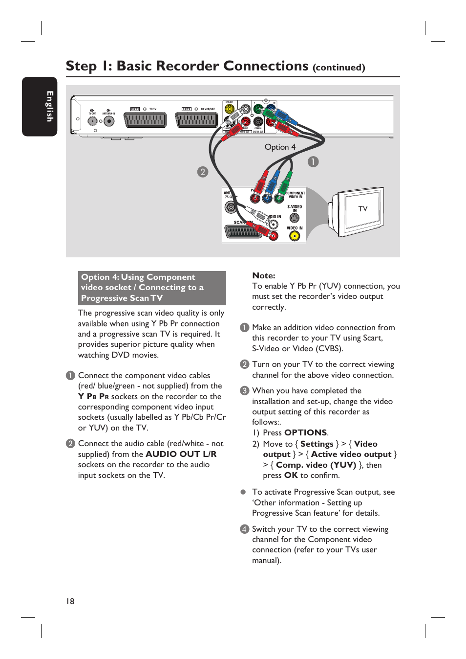 Step 1: basic recorder connections, Continued), English 18 | Option 4 | ProForm DVDR3570H User Manual | Page 18 / 104