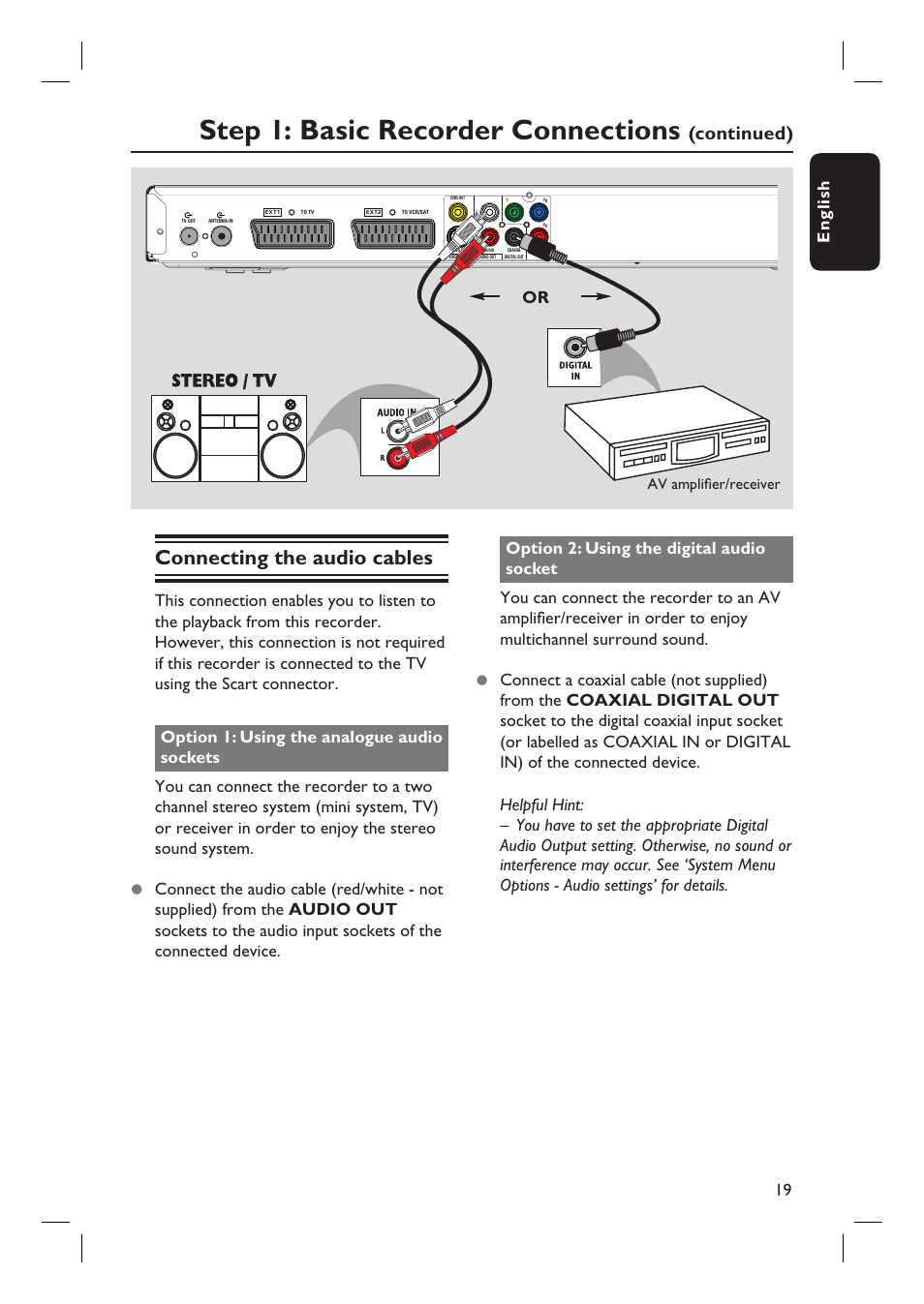 Step 1: basic recorder connections, Connecting the audio cables, Continued) | English 19, Av amplifi er/receiver | ProForm DVDR3570H User Manual | Page 19 / 104