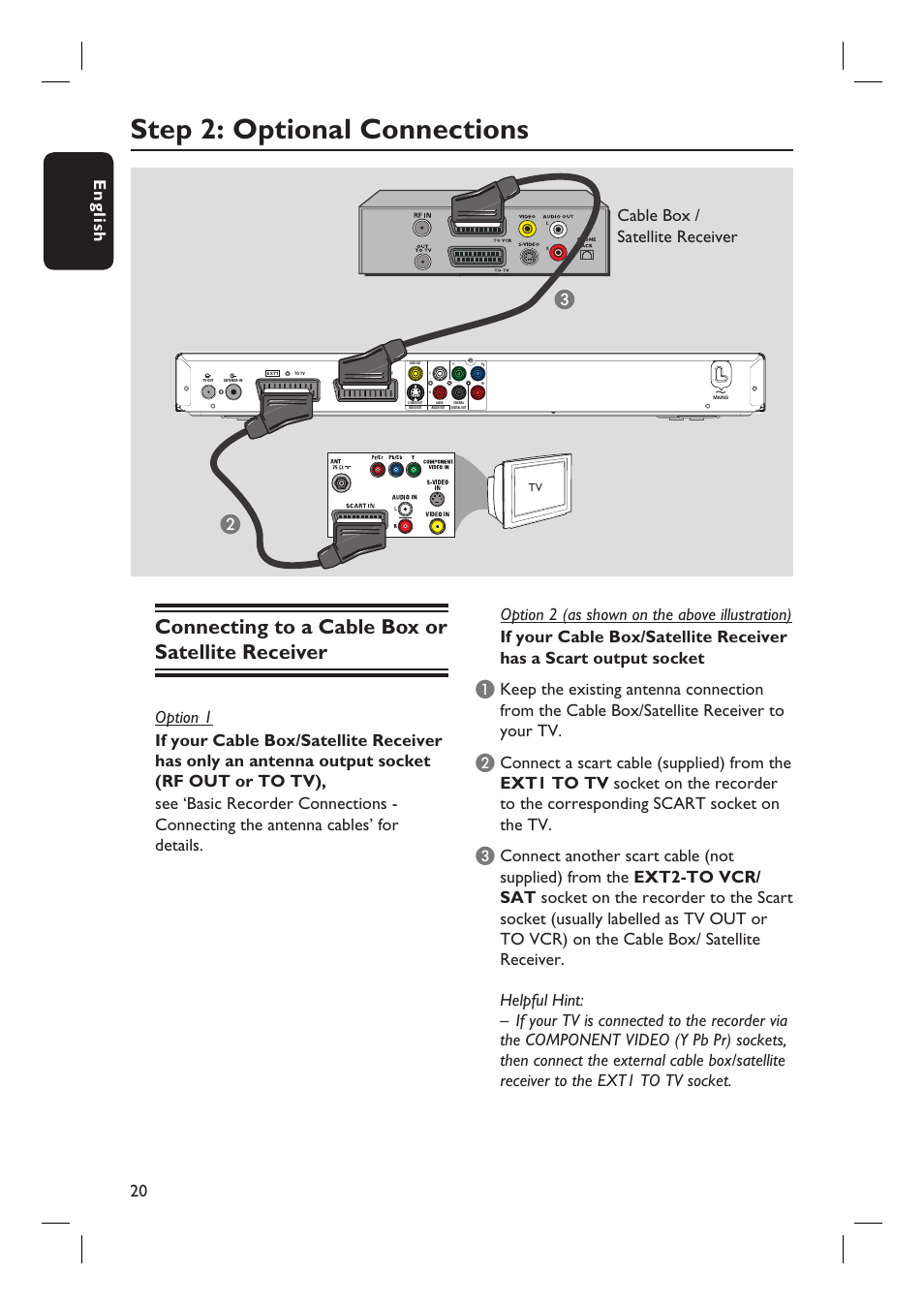 Step 2: optional connections, Connecting to a cable box or satellite receiver, English 20 | Cable box / satellite receiver | ProForm DVDR3570H User Manual | Page 20 / 104