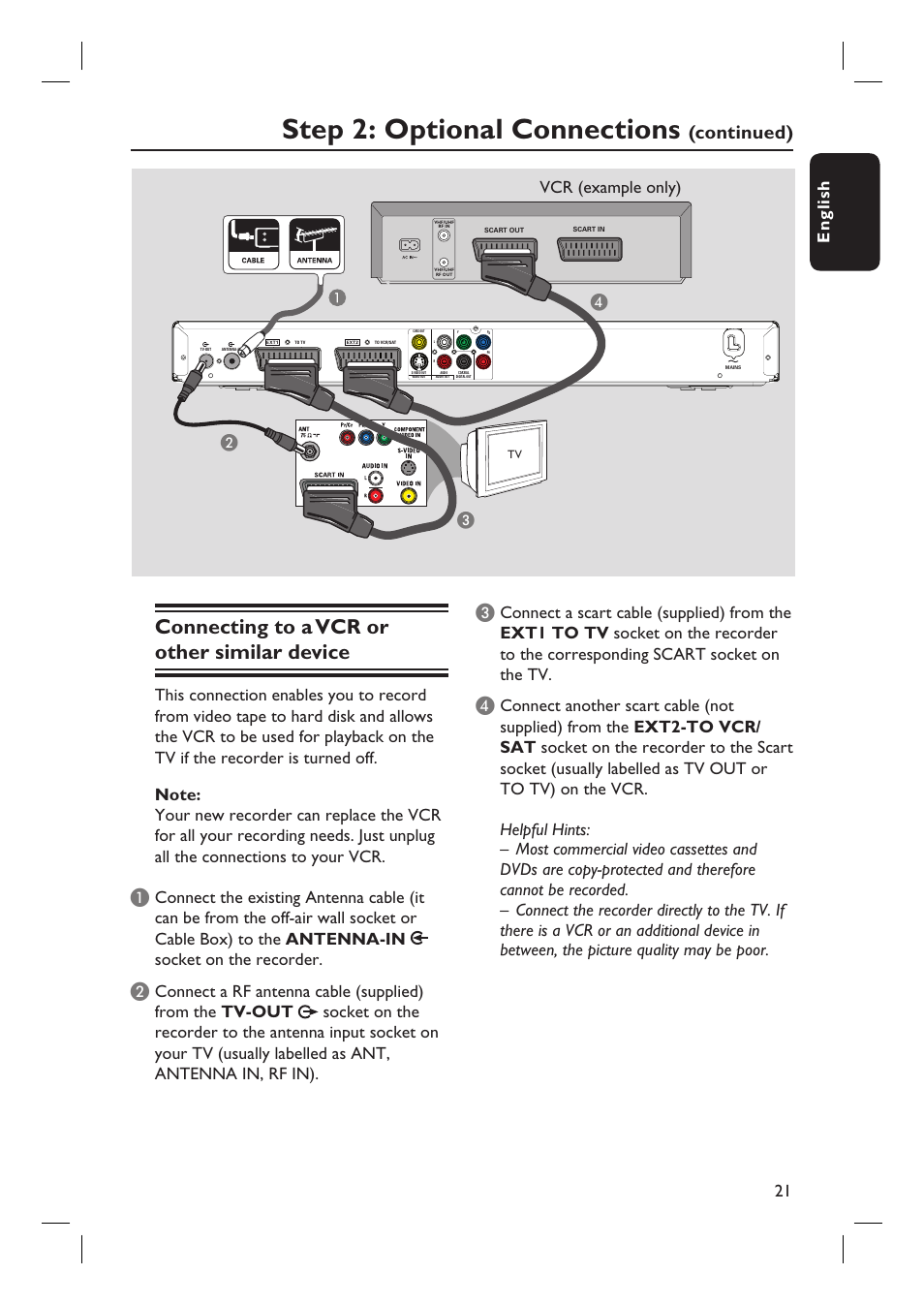 Step 2: optional connections, Connecting to a vcr or other similar device, Continued) | Bc d, English 21, Vcr (example only) | ProForm DVDR3570H User Manual | Page 21 / 104