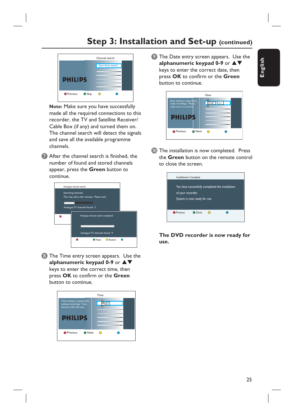 Step 3: installation and set-up, Continued), English 25 | The dvd recorder is now ready for use | ProForm DVDR3570H User Manual | Page 25 / 104