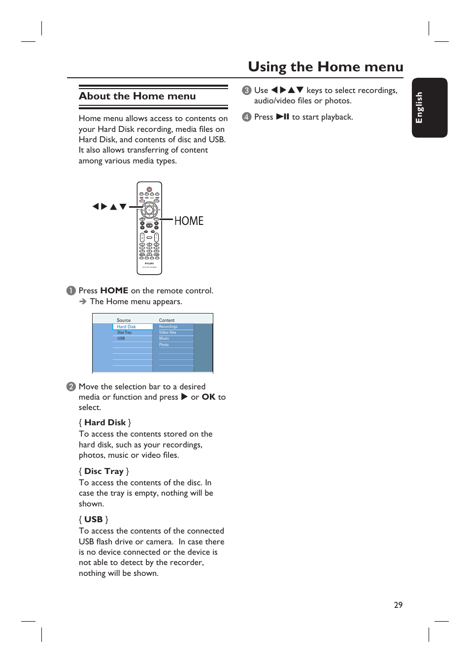 Using the home menu, About the home menu, English 29 | Press home on the remote control, The home menu appears, Press u to start playback | ProForm DVDR3570H User Manual | Page 29 / 104