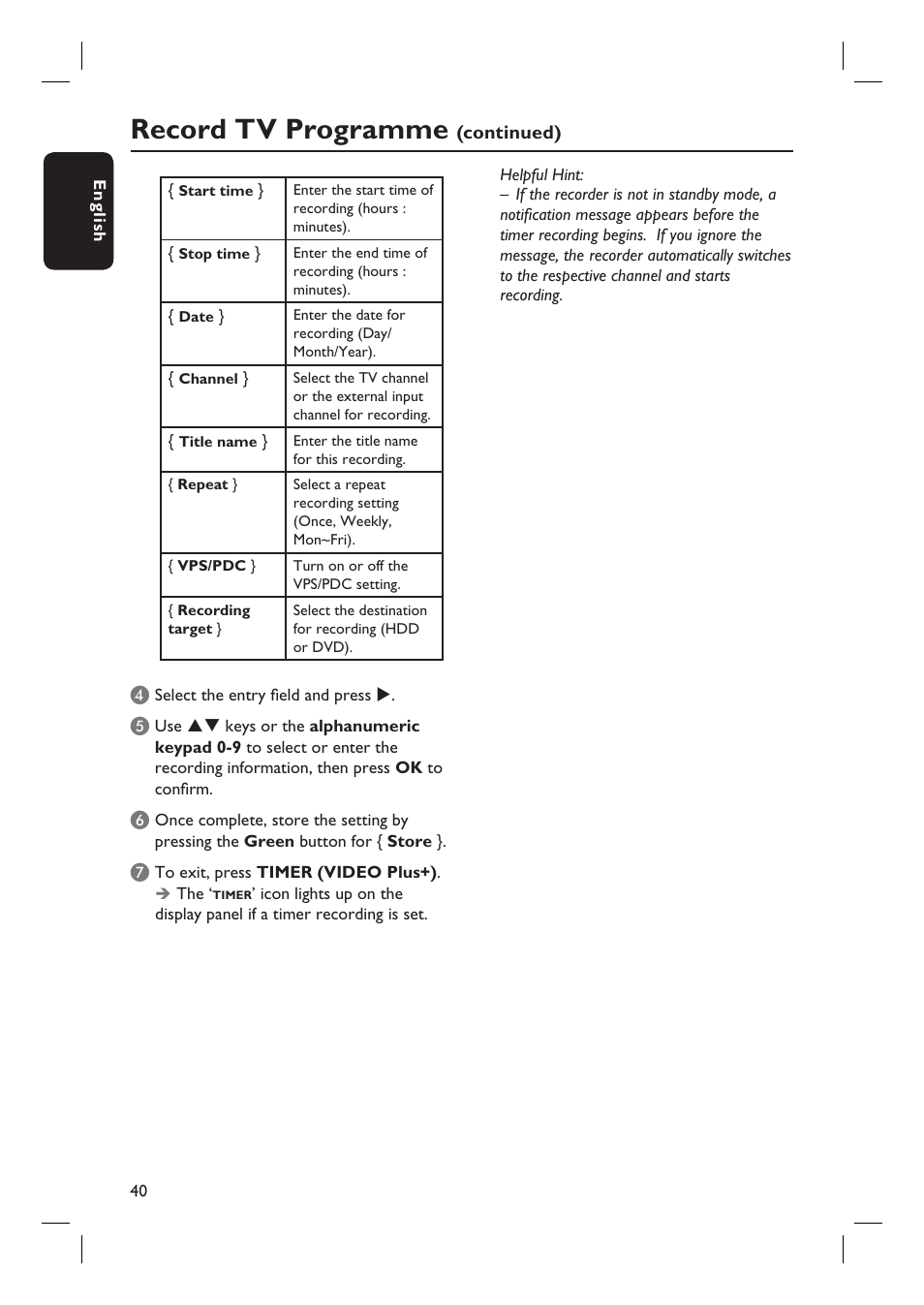 Record tv programme | ProForm DVDR3570H User Manual | Page 40 / 104