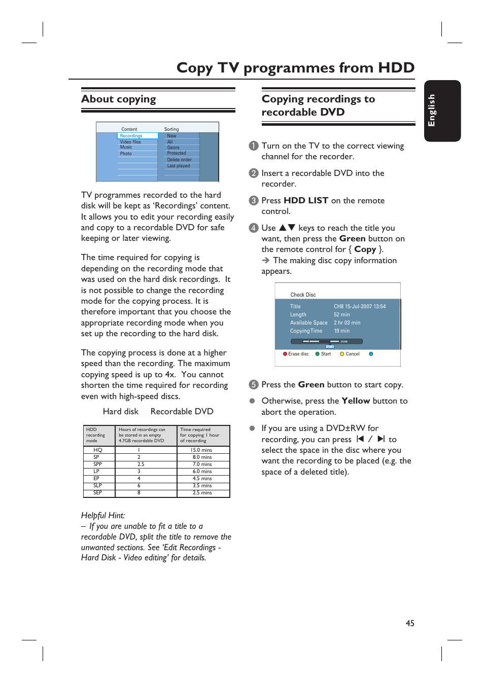 Copy tv programmes from hdd, About copying, Copying recordings to recordable dvd | ProForm DVDR3570H User Manual | Page 45 / 104