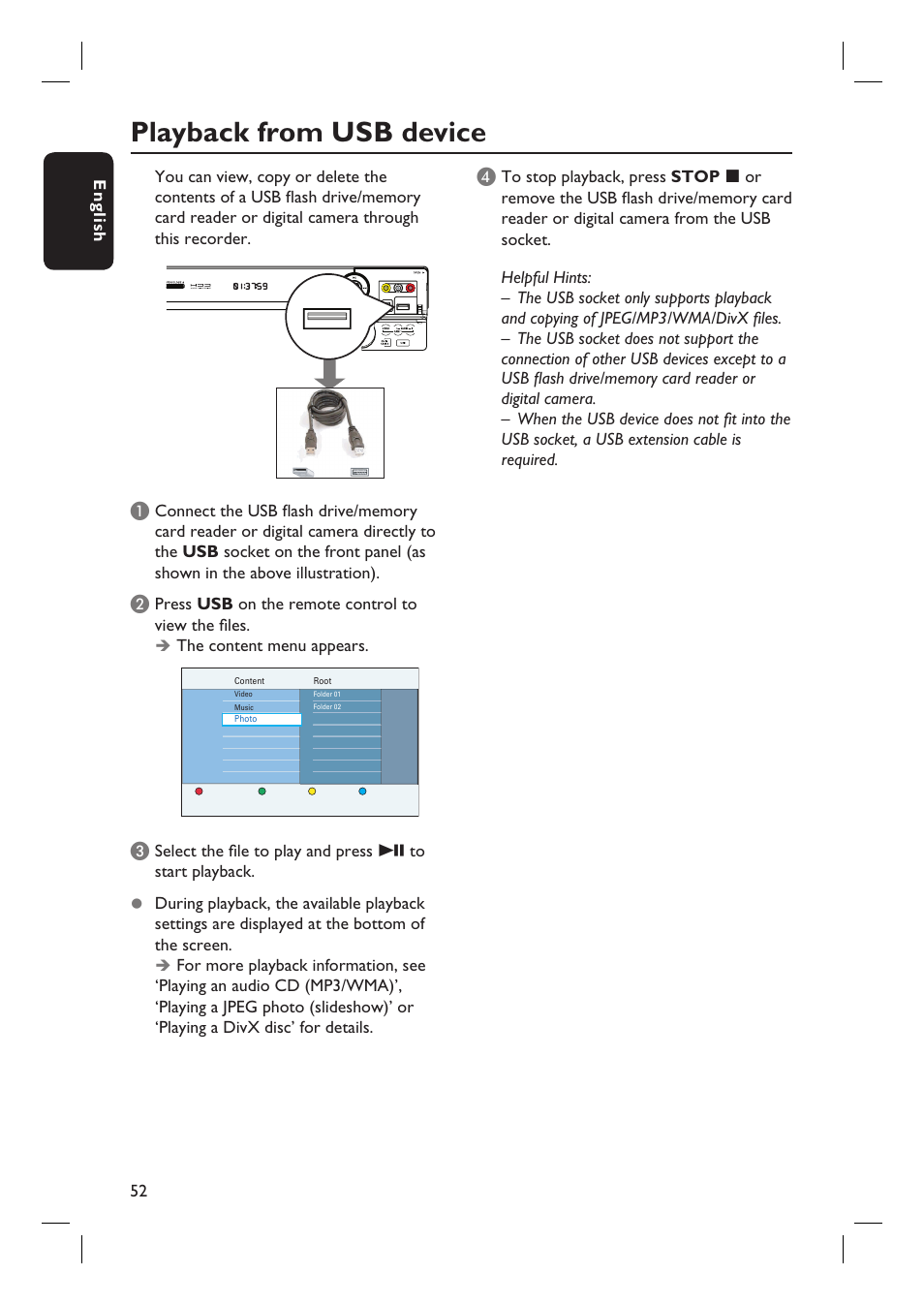 Playback from usb device | ProForm DVDR3570H User Manual | Page 52 / 104