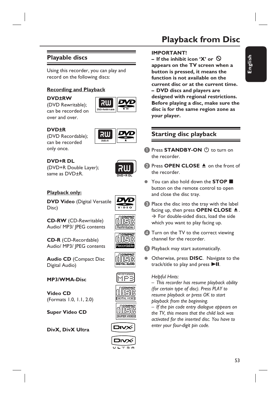 Playback from disc, Playable discs, Starting disc playback | ProForm DVDR3570H User Manual | Page 53 / 104