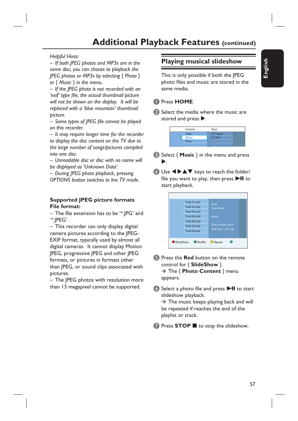 Additional playback features, Playing musical slideshow, Continued) | ProForm DVDR3570H User Manual | Page 57 / 104
