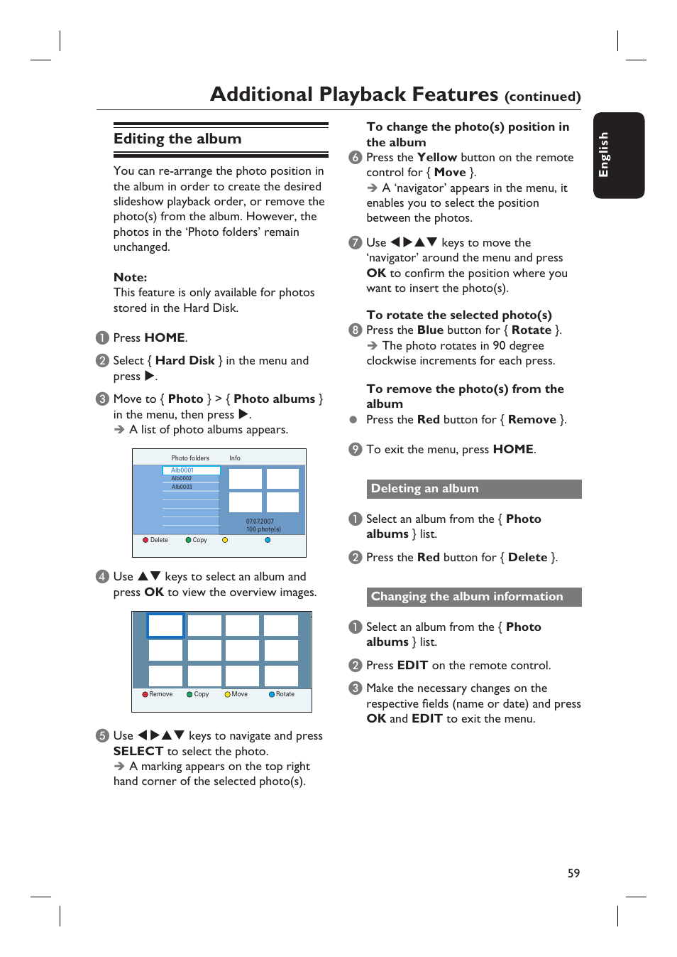 Additional playback features, Editing the album | ProForm DVDR3570H User Manual | Page 59 / 104