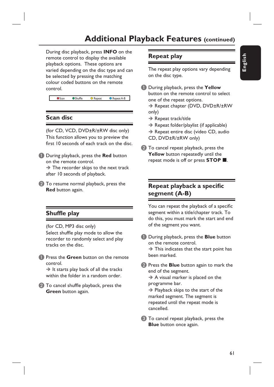 Additional playback features, Scan disc, Shuffl e play | Repeat play, Repeat playback a specifi c segment (a-b) | ProForm DVDR3570H User Manual | Page 61 / 104