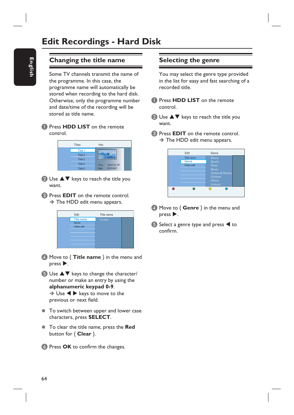Edit recordings - hard disk, Changing the title name, Selecting the genre | ProForm DVDR3570H User Manual | Page 64 / 104