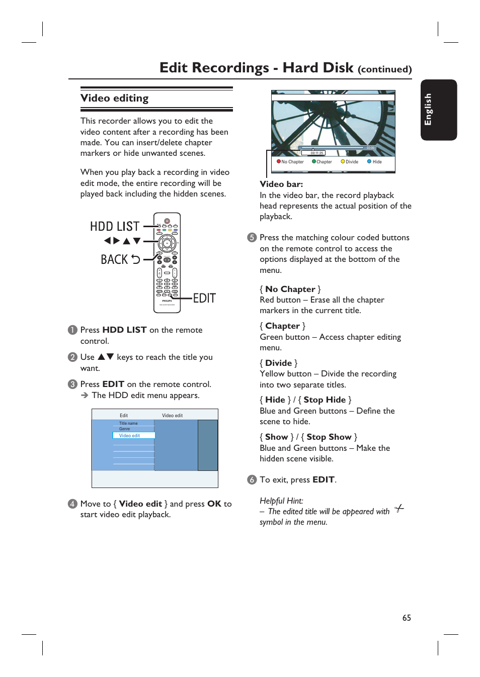 Edit recordings - hard disk, Video editing, Continued) | ProForm DVDR3570H User Manual | Page 65 / 104