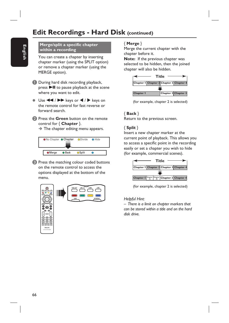 Edit recordings - hard disk, Continued), English 66 | The chapter editing menu appears | ProForm DVDR3570H User Manual | Page 66 / 104
