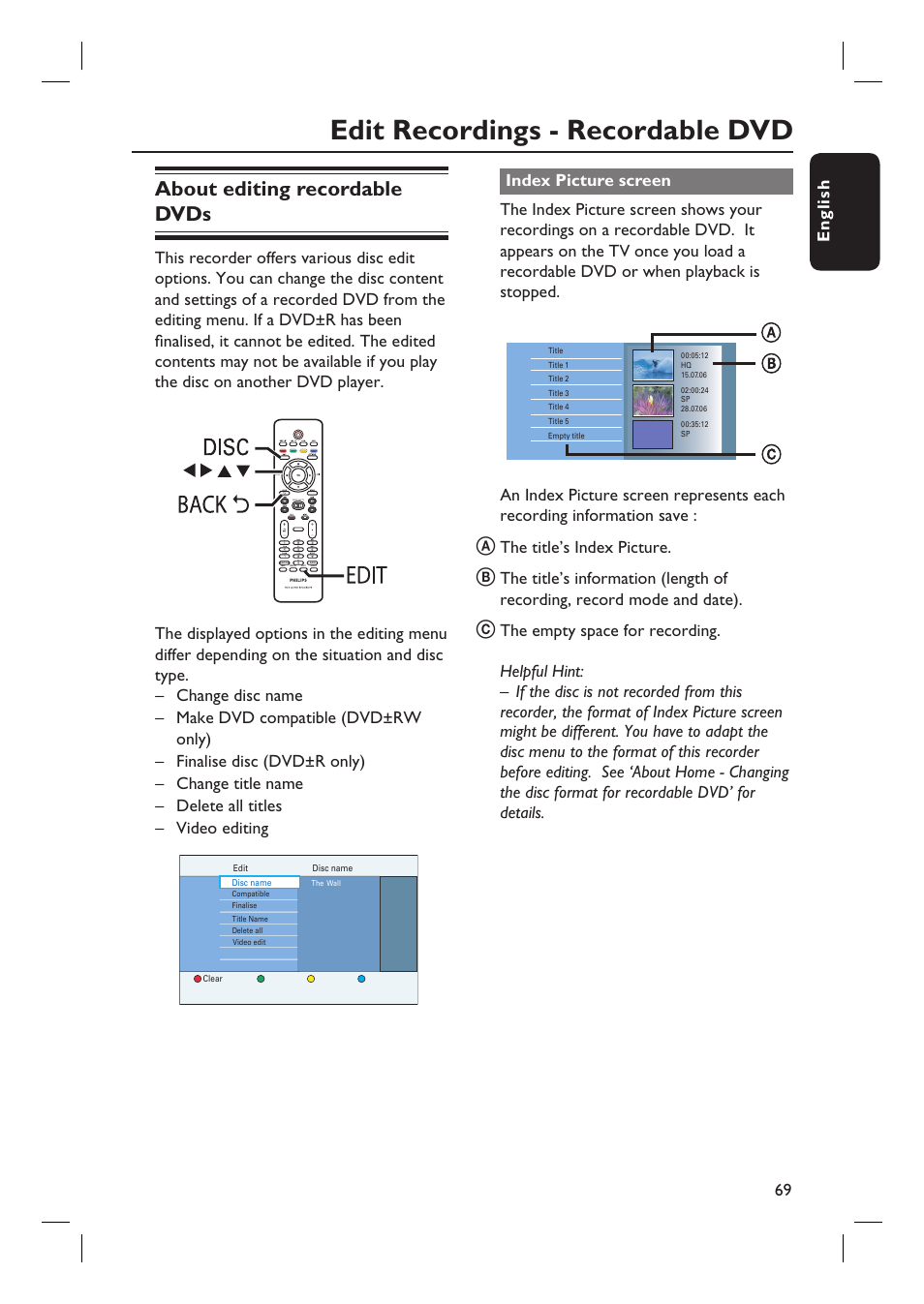 Edit recordings - recordable dvd, About editing recordable dvds, English 69 | The title’s index picture | ProForm DVDR3570H User Manual | Page 69 / 104