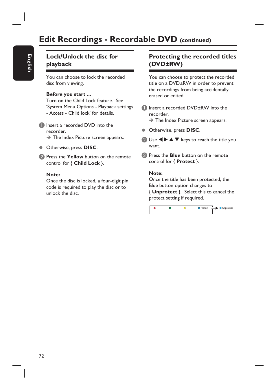 Edit recordings - recordable dvd, Lock/unlock the disc for playback, Protecting the recorded titles (dvd±rw) | ProForm DVDR3570H User Manual | Page 72 / 104