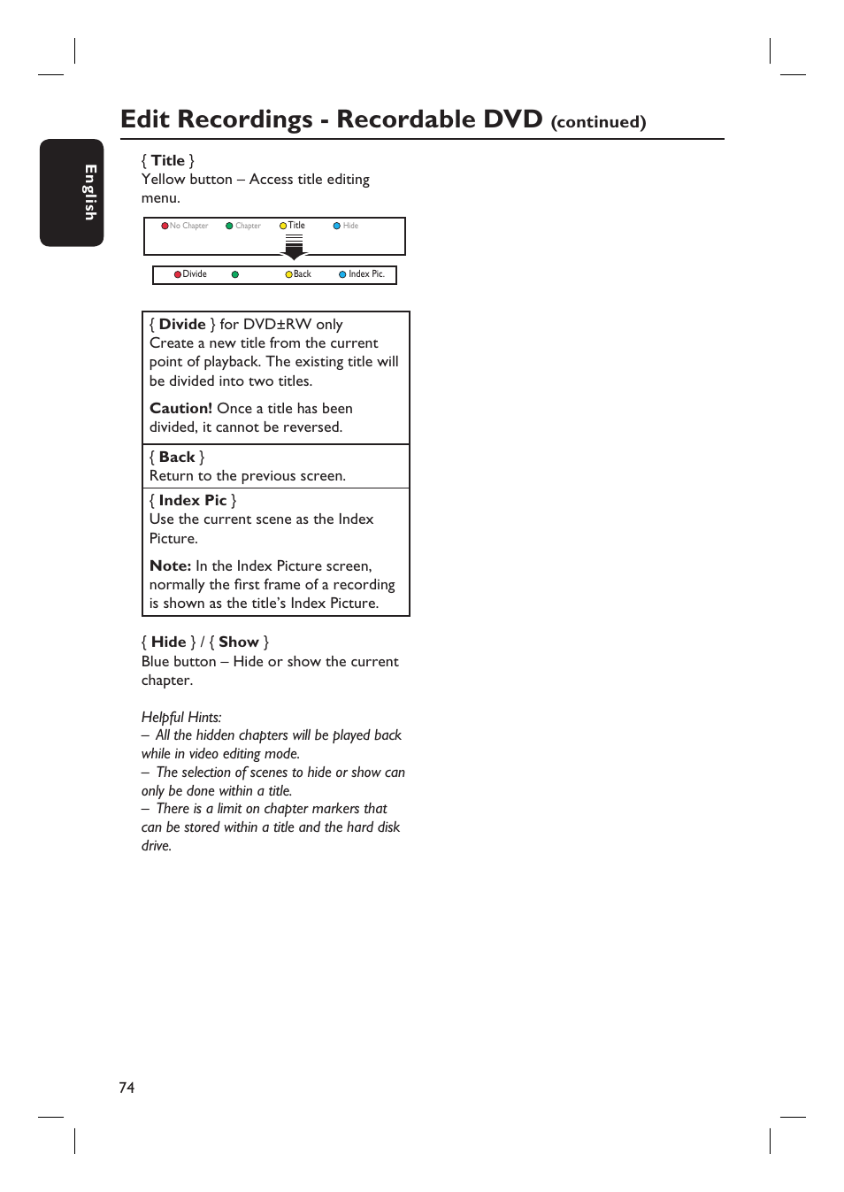 Edit recordings - recordable dvd, Continued) | ProForm DVDR3570H User Manual | Page 74 / 104