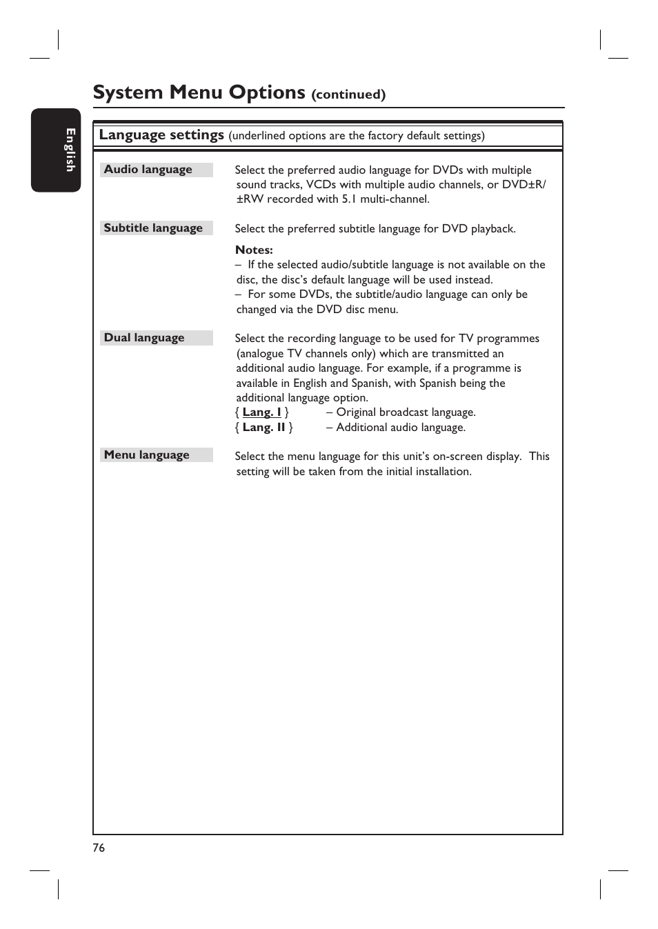 System menu options | ProForm DVDR3570H User Manual | Page 76 / 104