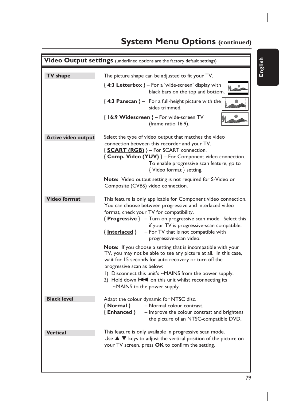 System menu options, Video output settings | ProForm DVDR3570H User Manual | Page 79 / 104