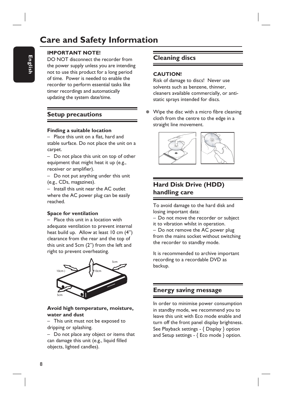 Care and safety information, Cleaning discs, Hard disk drive (hdd) handling care | Energy saving message, Setup precautions | ProForm DVDR3570H User Manual | Page 8 / 104