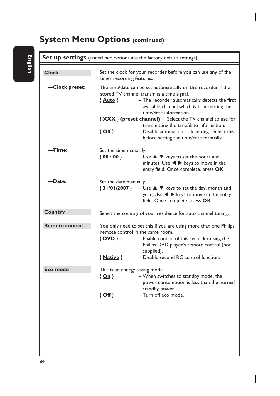 System menu options, Set up settings | ProForm DVDR3570H User Manual | Page 84 / 104