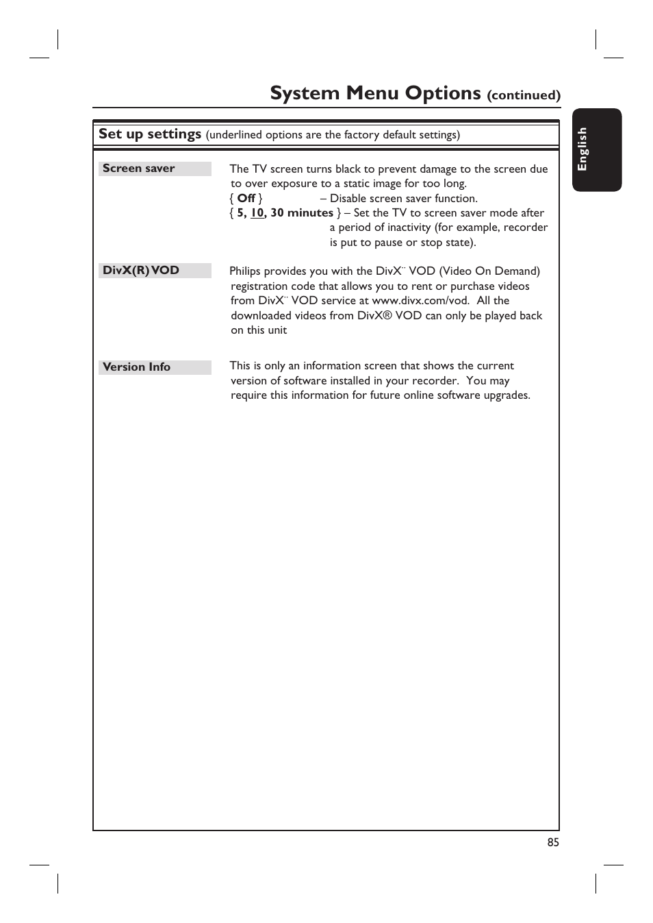 System menu options | ProForm DVDR3570H User Manual | Page 85 / 104