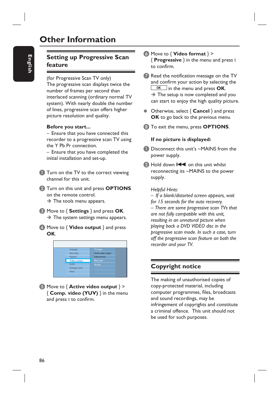 Other information, Setting up progressive scan feature, Copyright notice | ProForm DVDR3570H User Manual | Page 86 / 104