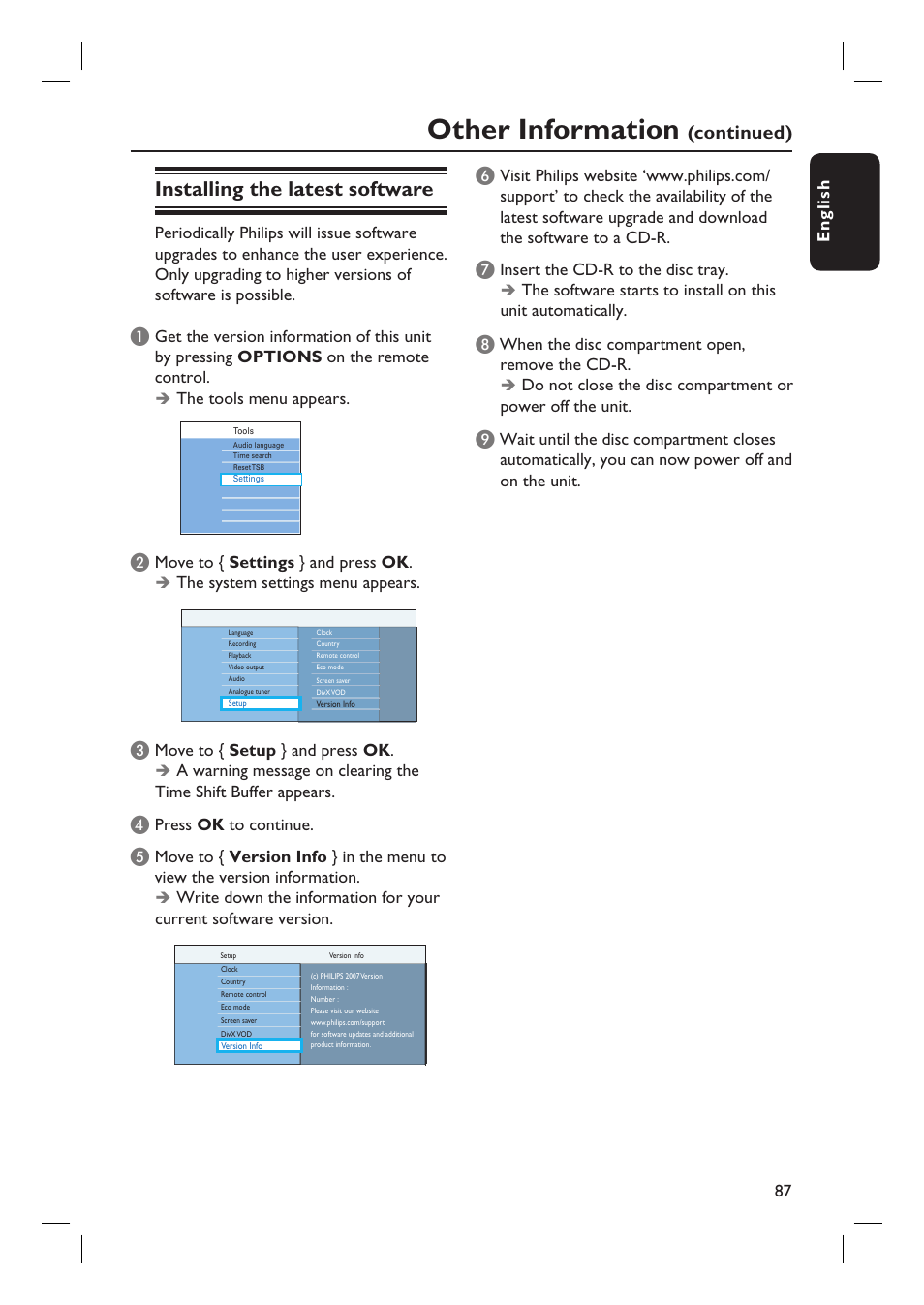 Other information, Installing the latest software, Continued) | ProForm DVDR3570H User Manual | Page 87 / 104