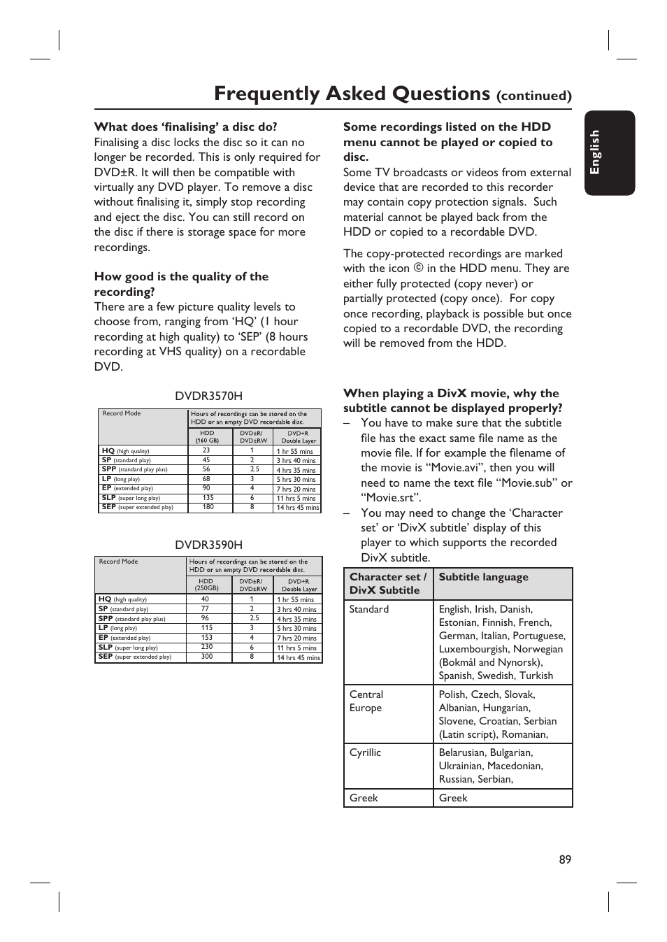 Frequently asked questions, Continued), English 89 | Dvdr3590h | ProForm DVDR3570H User Manual | Page 89 / 104