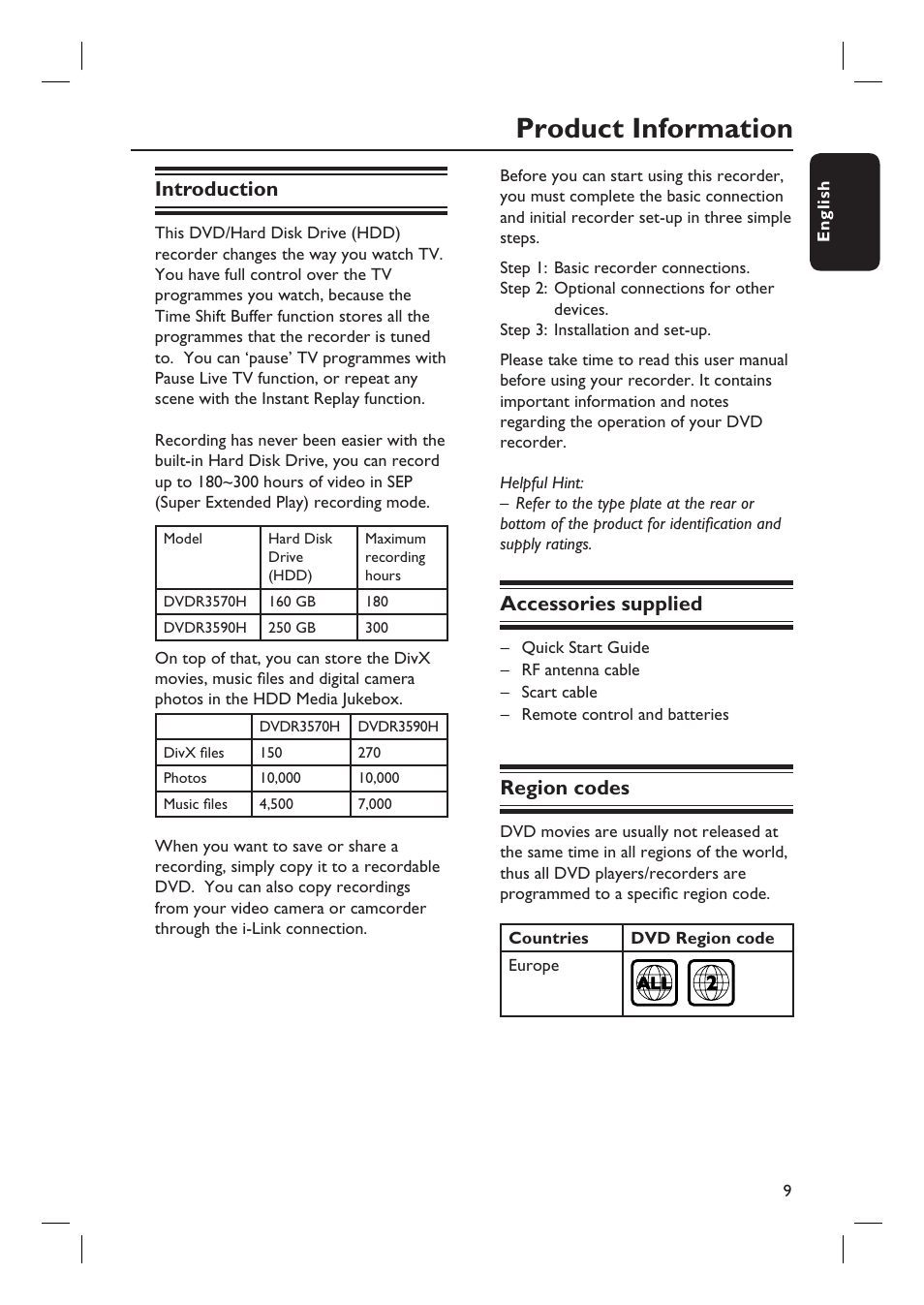 Product information, Introduction, Accessories supplied | Region codes | ProForm DVDR3570H User Manual | Page 9 / 104