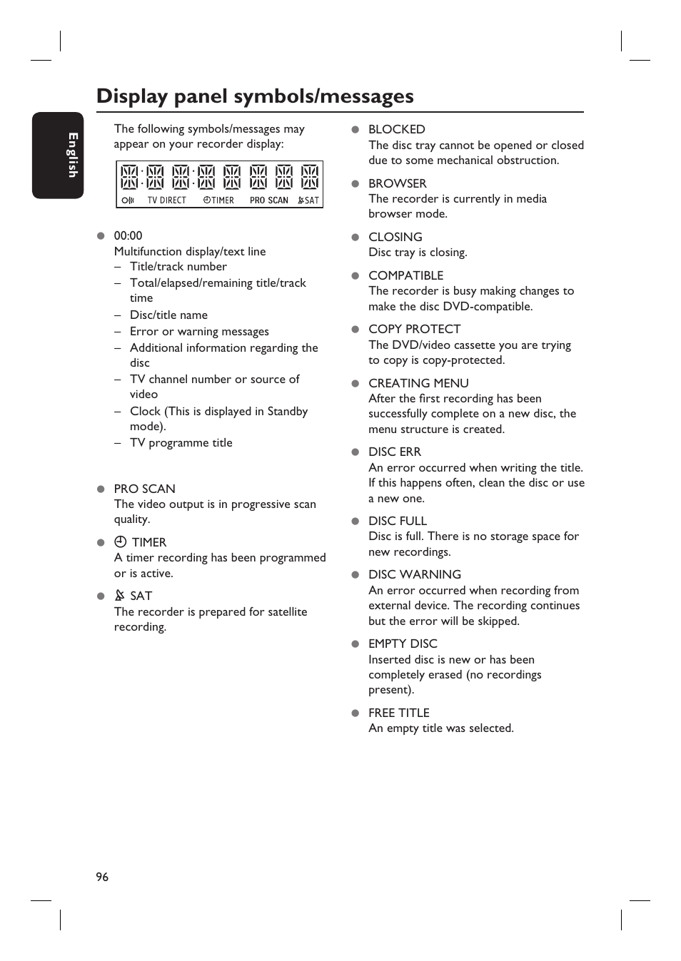 Display panel symbols/messages | ProForm DVDR3570H User Manual | Page 96 / 104