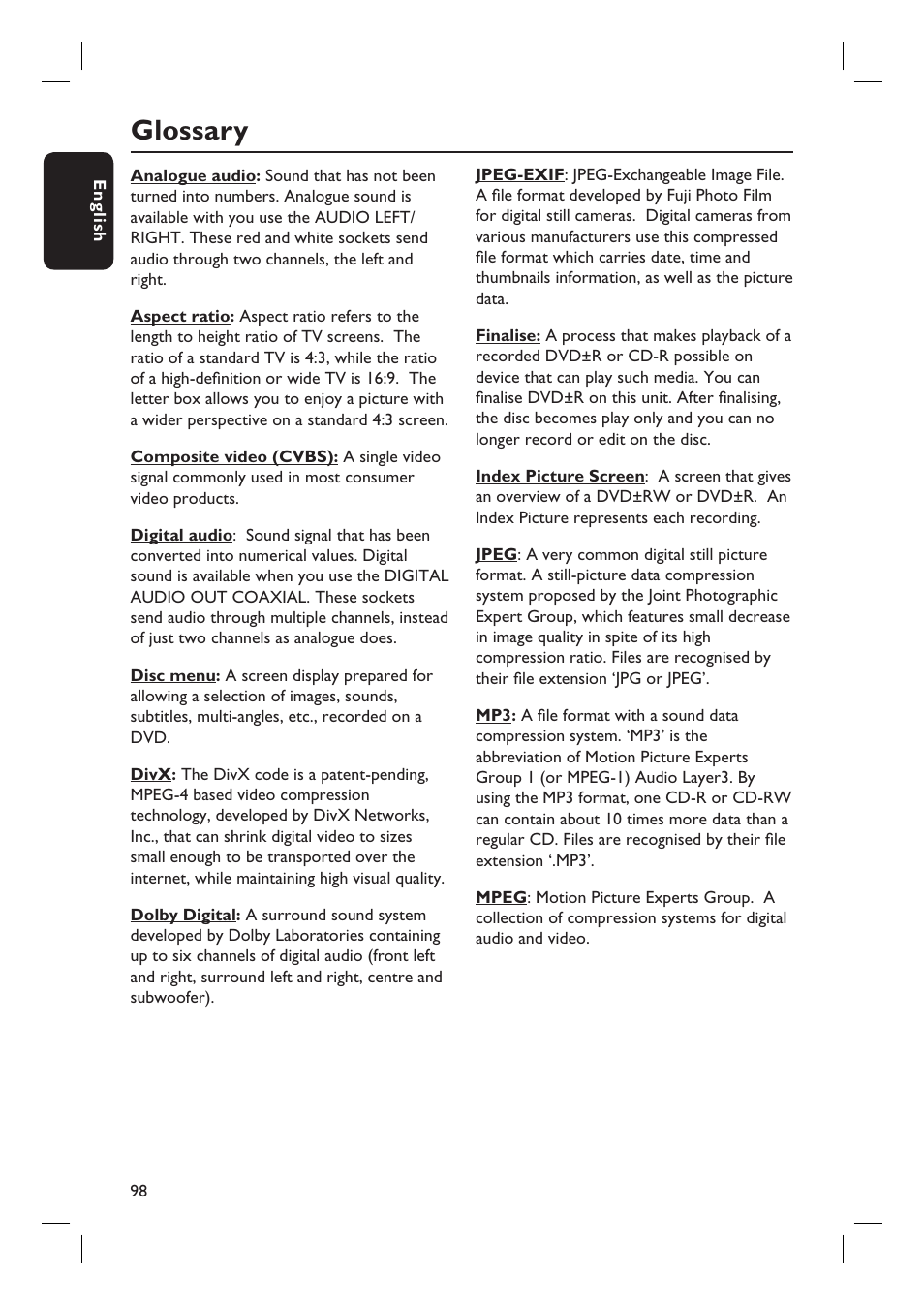 Glossary | ProForm DVDR3570H User Manual | Page 98 / 104