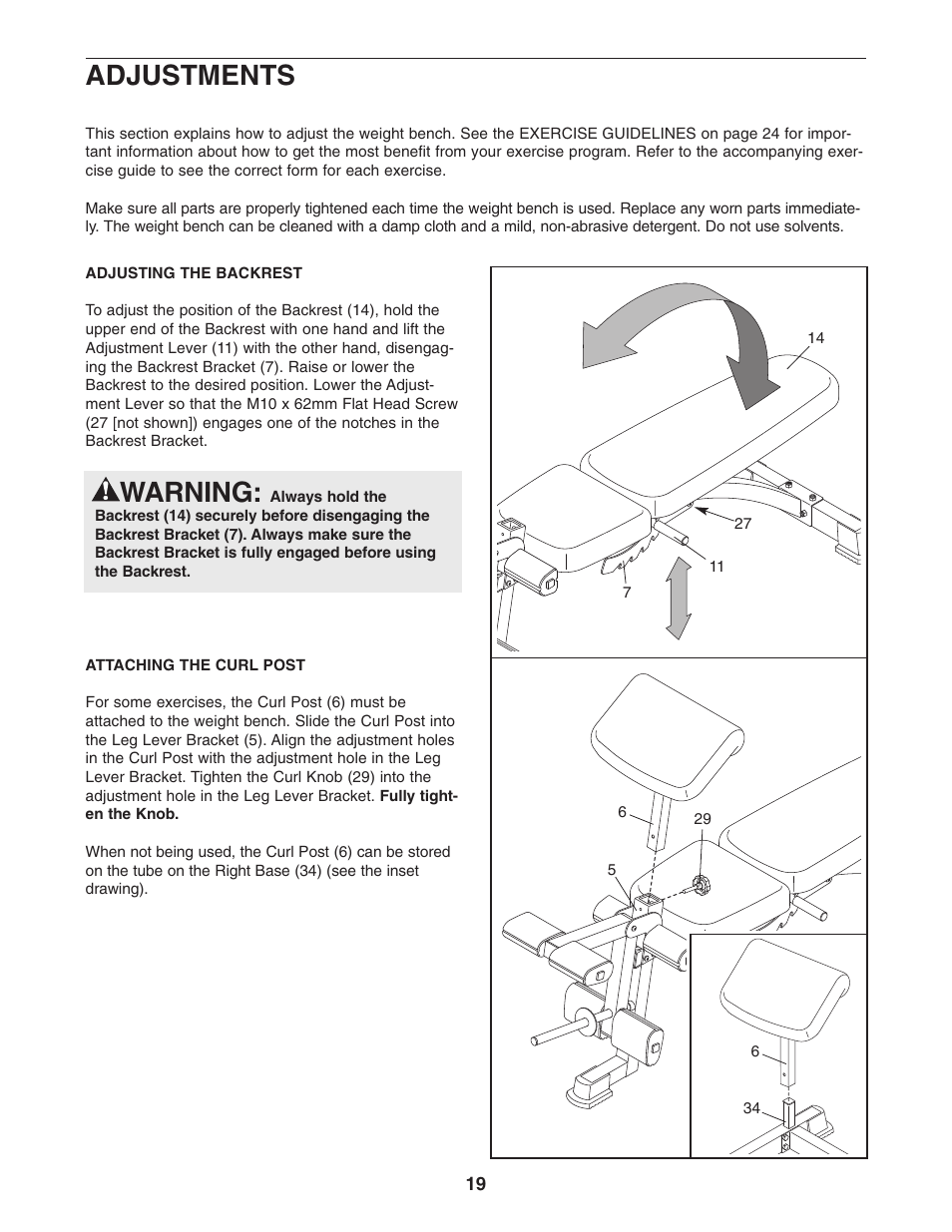 Adjustments, Warning | ProForm PFB48031 User Manual | Page 19 / 33