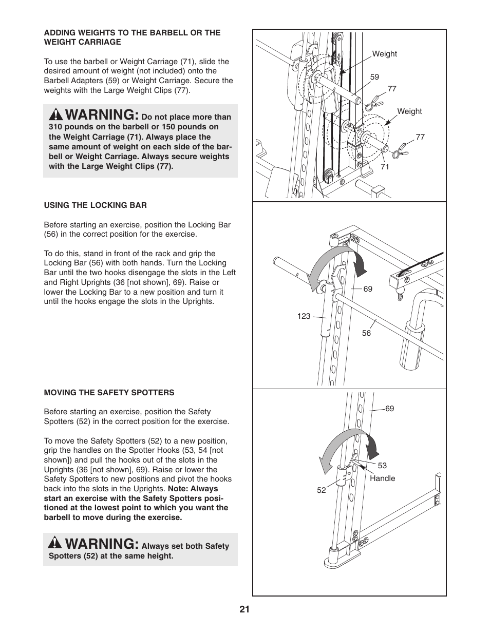 Warning | ProForm PFB48031 User Manual | Page 21 / 33