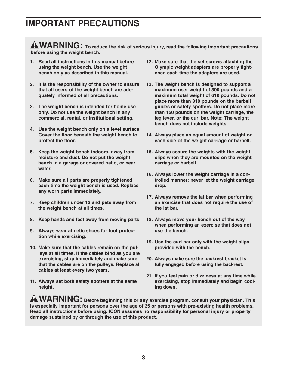 Warning, Important precautions | ProForm PFB48031 User Manual | Page 3 / 33