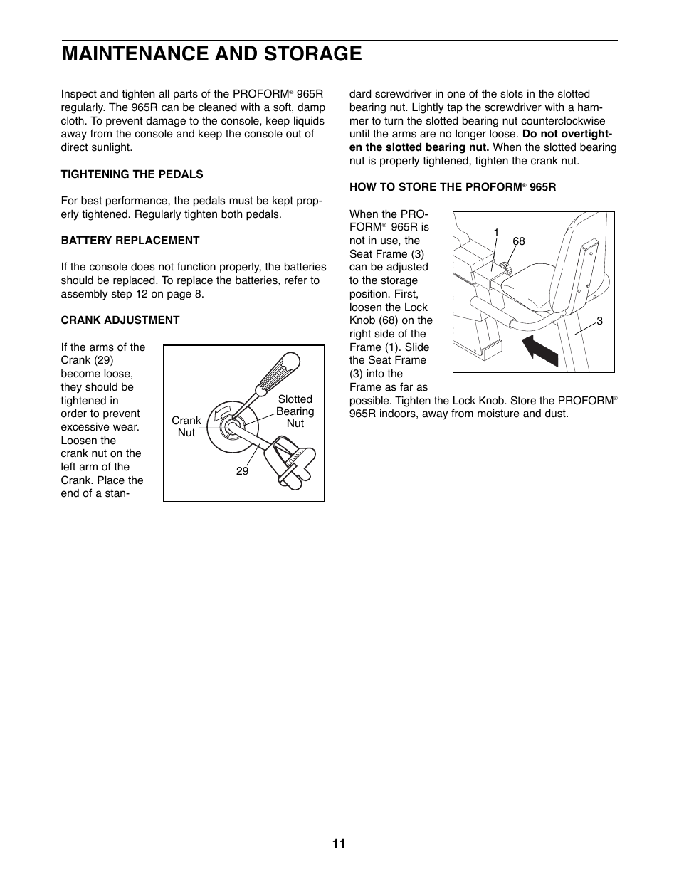 Maintenance and storage | ProForm PFEX33790 User Manual | Page 11 / 16