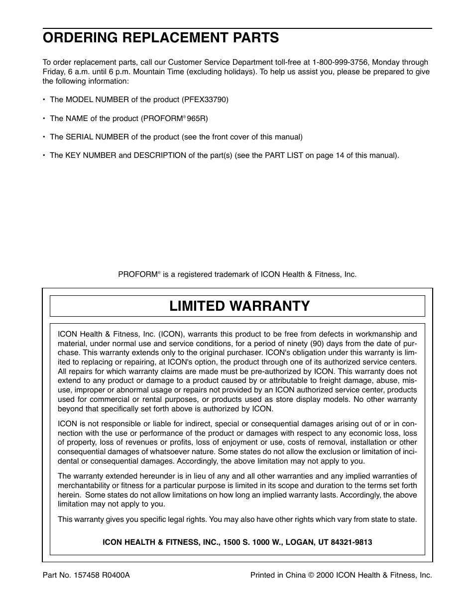 Ordering replacement parts, Limited warranty | ProForm PFEX33790 User Manual | Page 16 / 16