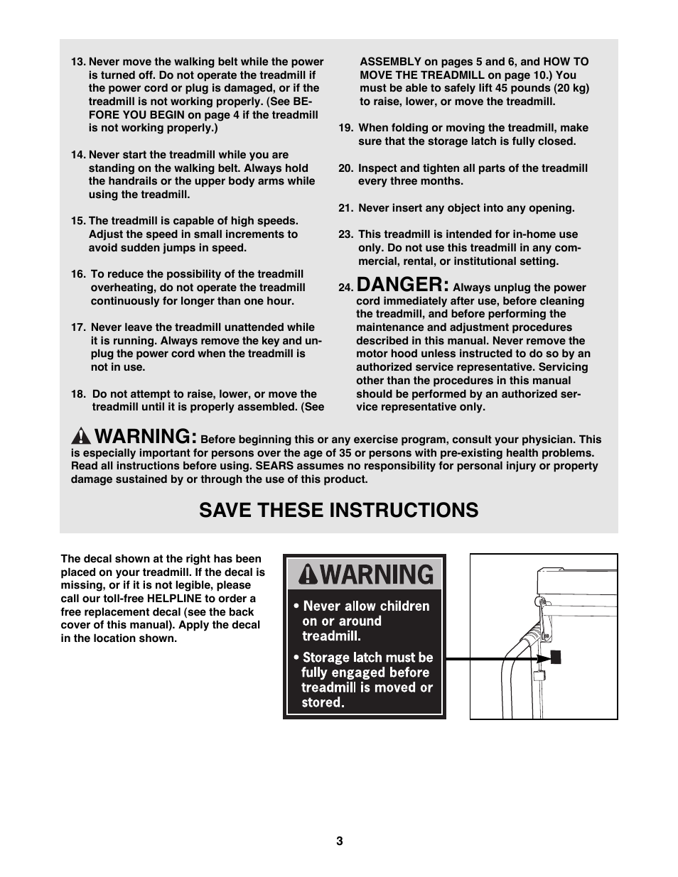 Danger, Warning, Save these instructions | ProForm 831.298060 User Manual | Page 3 / 18