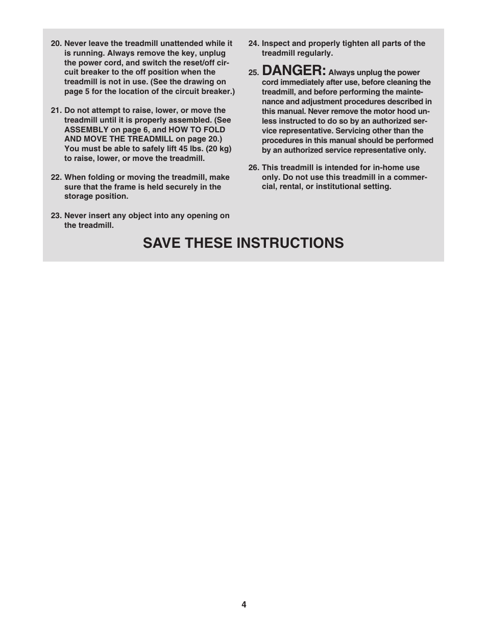 Danger, Save these instructions | ProForm PFTL99507.0 User Manual | Page 4 / 32