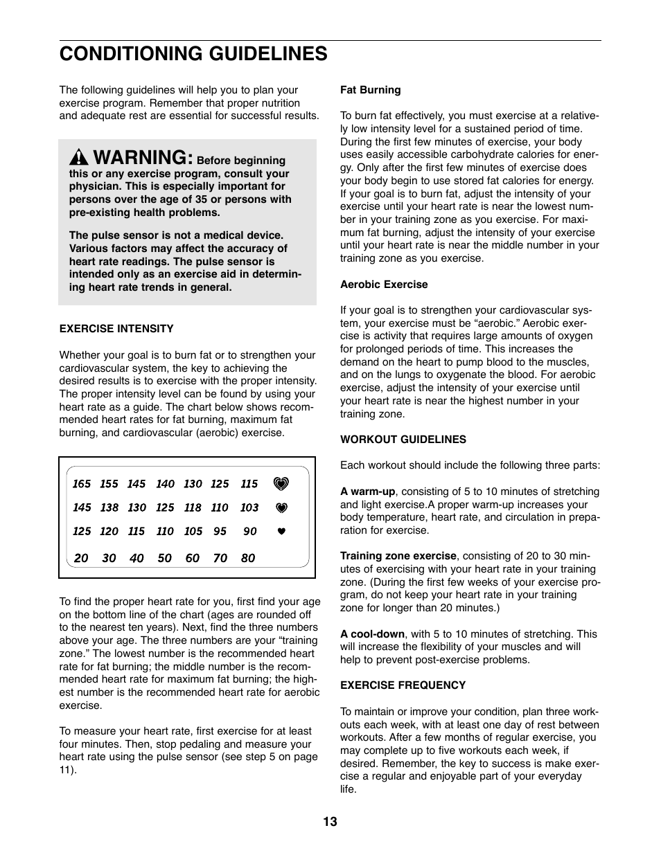 Conditioning guidelines, Warning | ProForm PFEX3849BX1 User Manual | Page 13 / 16