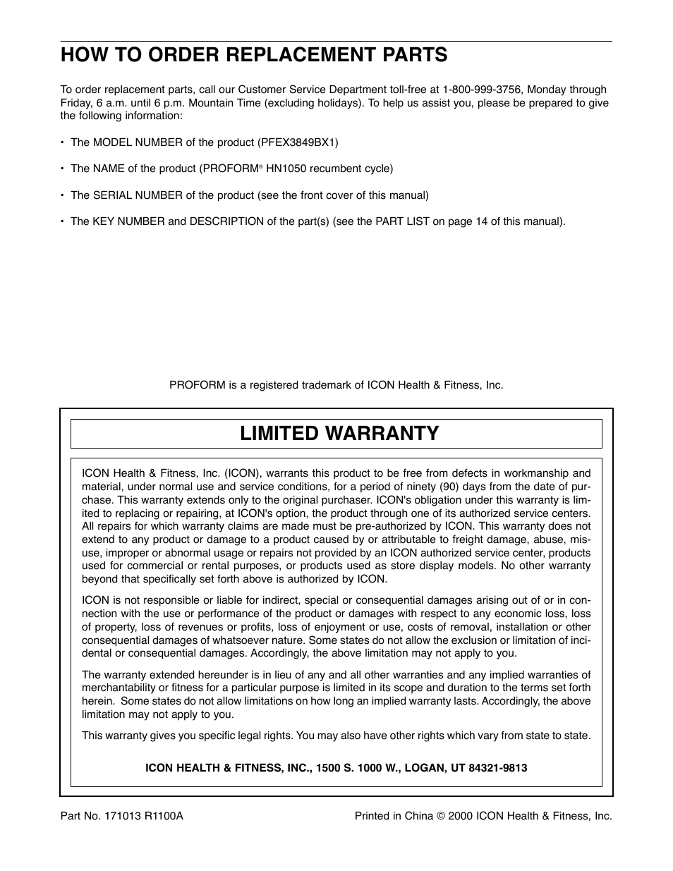 How to order replacement parts, Limited warranty | ProForm PFEX3849BX1 User Manual | Page 16 / 16
