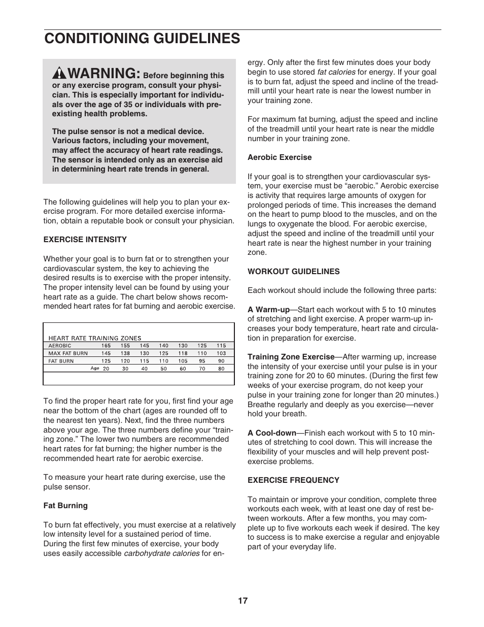 Conditioning guidelines, Warning | ProForm 831.295231 User Manual | Page 17 / 22