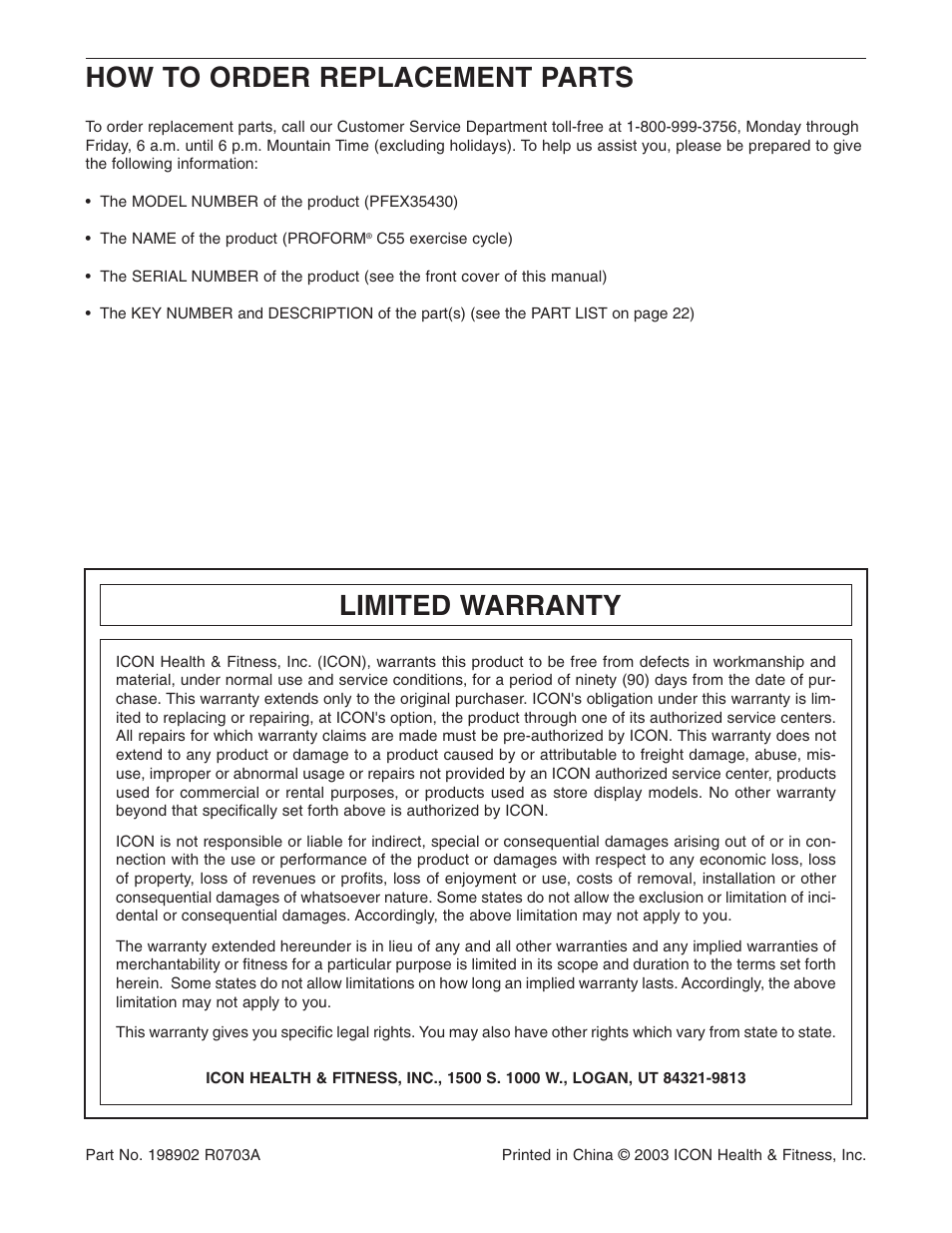 How to order replacement parts, Limited warranty | ProForm C55 PFEX35430 User Manual | Page 24 / 24