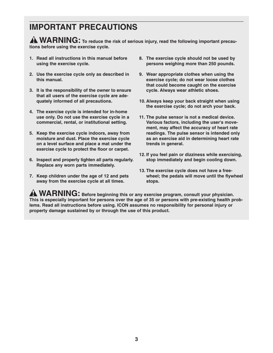 Important precautions warning, Warning | ProForm C55 PFEX35430 User Manual | Page 3 / 24