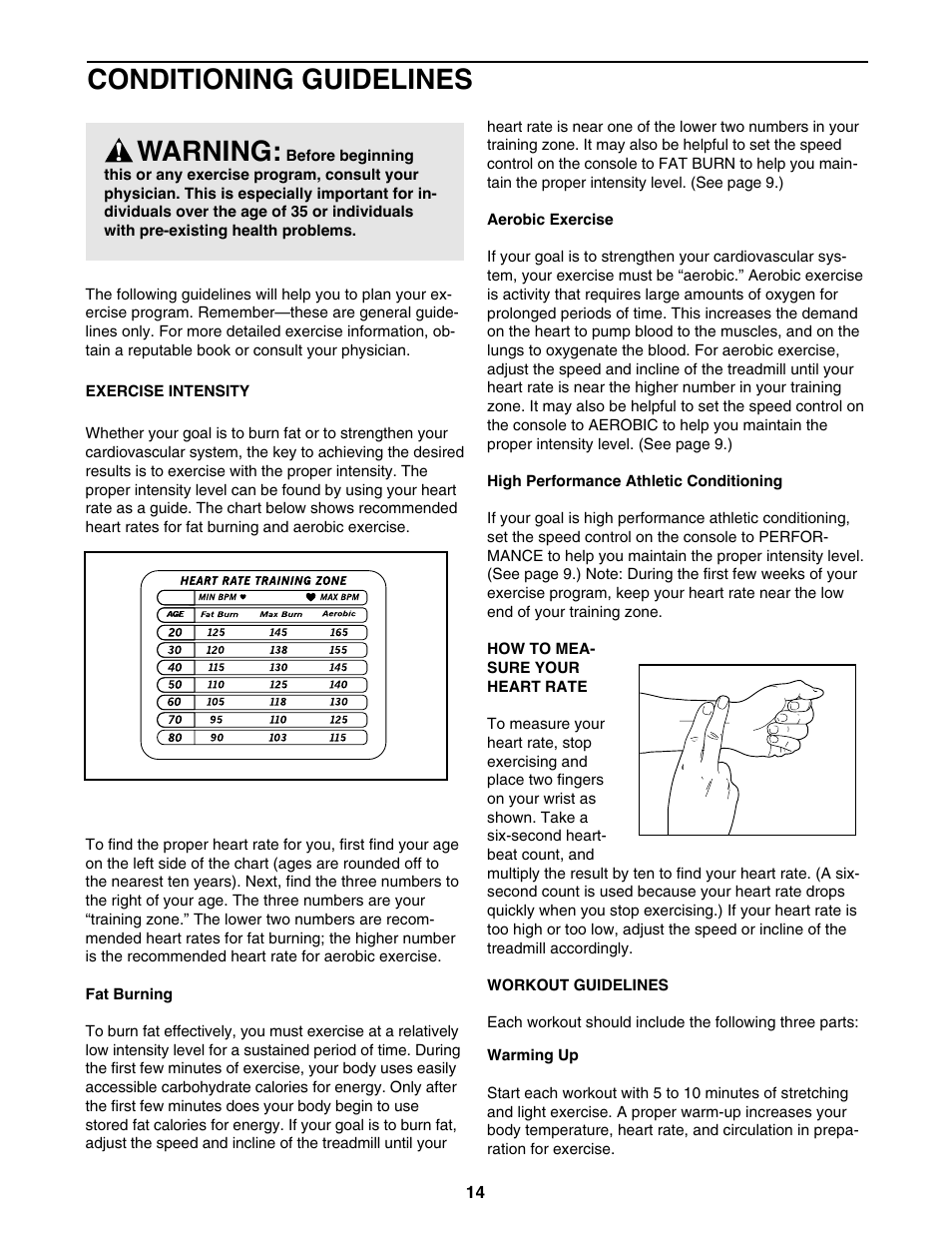 Conditioning guidelines, Warning | ProForm 831.297390 User Manual | Page 14 / 18