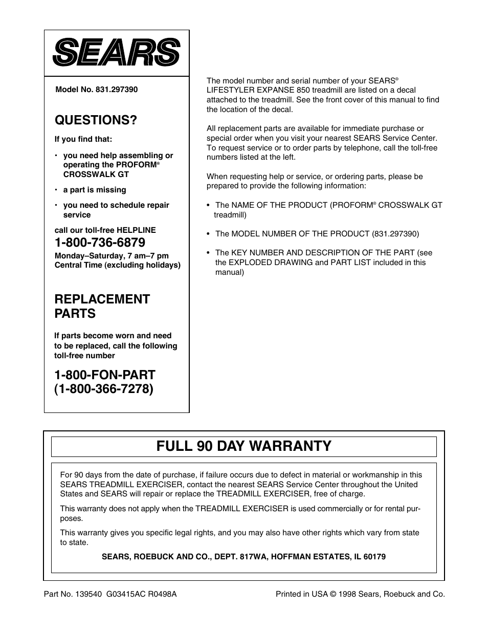 Full 90 day warranty, Questions, Replacement parts | ProForm 831.297390 User Manual | Page 18 / 18